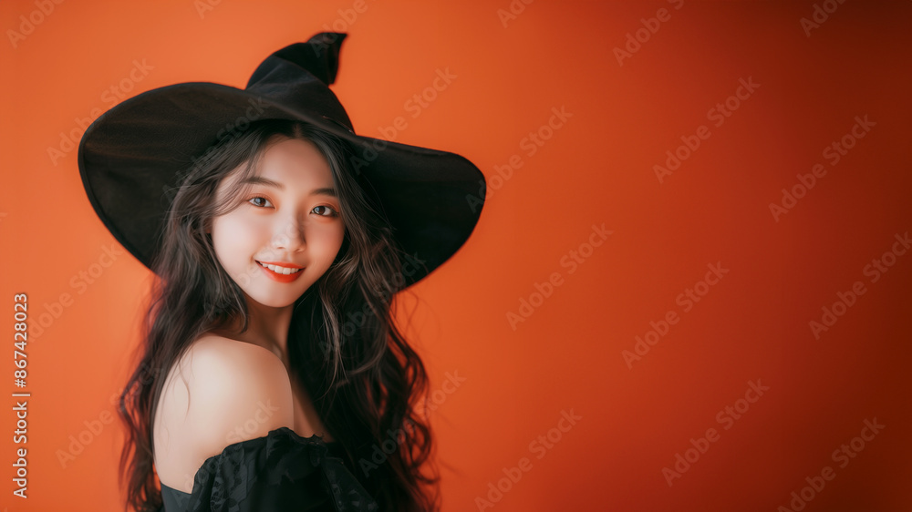 asian woman halloween witch hat black dress smiling isolated orange background asian woman halloween witch hat black dress smiling isolated orange background