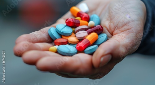Hand Holding Colorful Pills on Gray Background