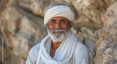 Smiling Indian Man Wearing a White Turban in Front of a Rocky Outcropping
