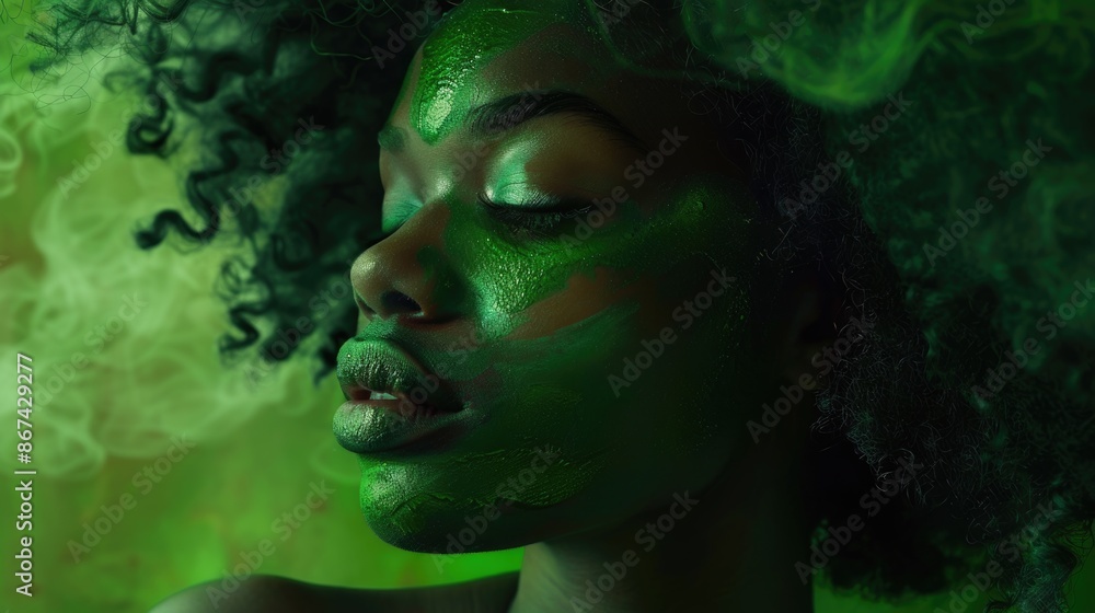 A person with green face paint, suitable for various cultural or artistic purposes A person with green face paint, suitable for various cultural or artistic purposes