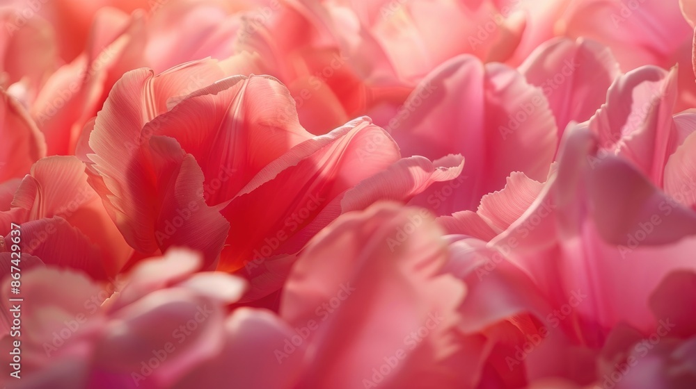 Fototapeta premium Close up of pink peony tulip petals with space for text