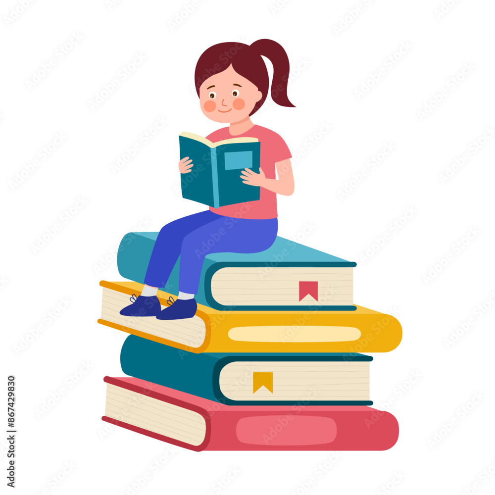 Little girl child reading on top of pile of books. School student love reading. Little girl child reading on top of pile of books. School student love reading.