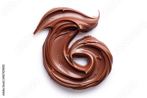 A detailed view of a rich and creamy chocolate swirl on a white background, perfect for use in food or dessert themed designs