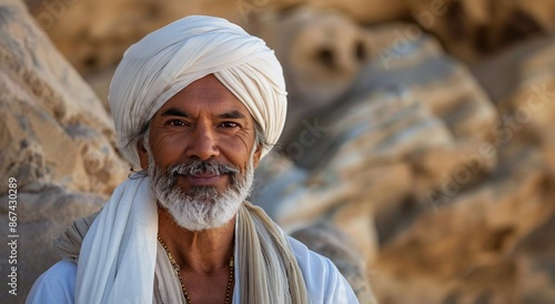 Smiling Indian Man Wearing a White Turban in Front of a Rocky Outcropping