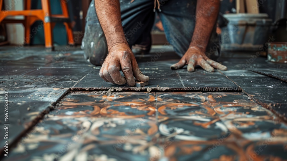 Precision Tiling: Skilled Hands Measuring and Laying Patterned Tiles on a Floor Precision Tiling: Skilled Hands Measuring and Laying Patterned Tiles on a Floor