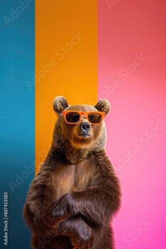 Brown bear stands confidently on hind legs wearing orange sunglasses against colorful striped background. Confident animal portrait with trendy accessories and vibrant studio setting.