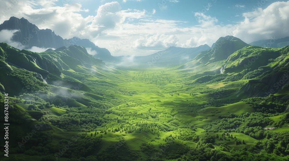 Naklejka premium A panoramic view of a lush green valley teeming with wildlife.