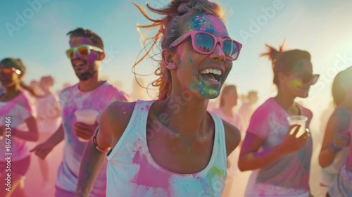Group of individuals covered in bright pink and blue paint, creative art project or event