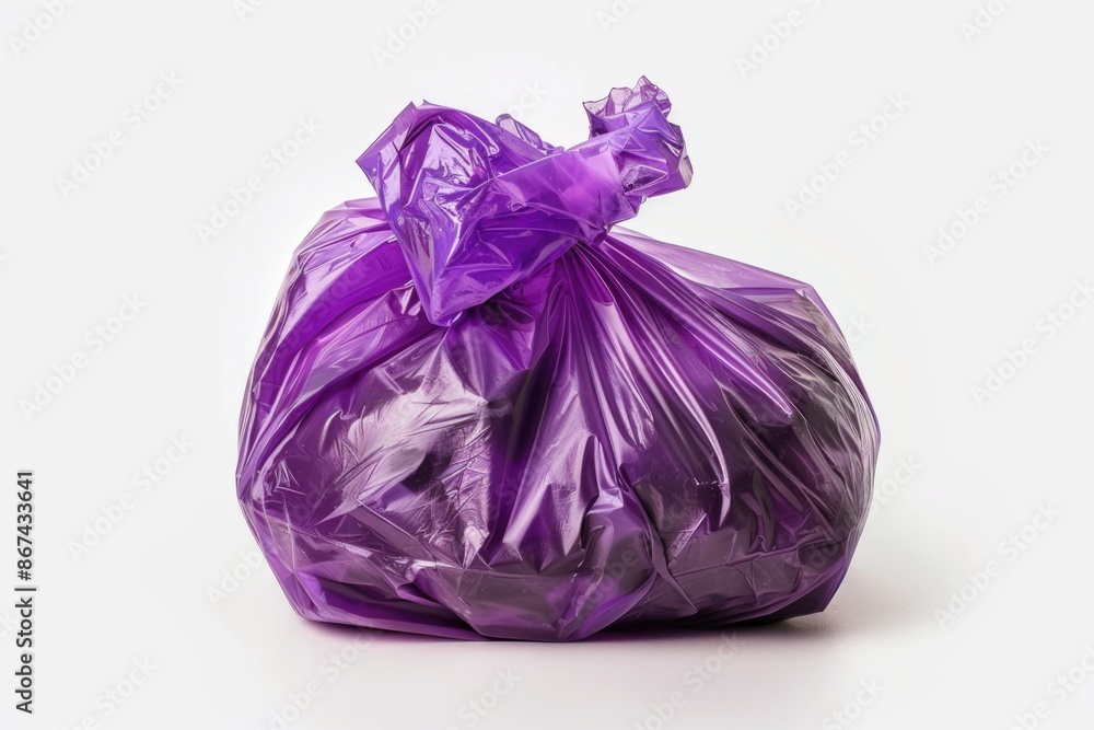 A single purple plastic bag lying on a white surface, possibly for recycling or trash A single purple plastic bag lying on a white surface, possibly for recycling or trash