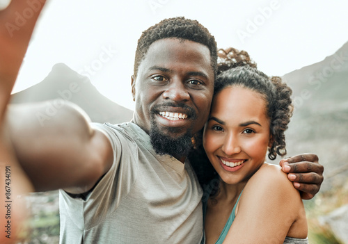 Happy, couple and outside for fitness selfie, smile pov and sports training with people together for mountain hike. Hiker, vlogging for online post or streaming for body wellness, memory and picture © peopleimages.com