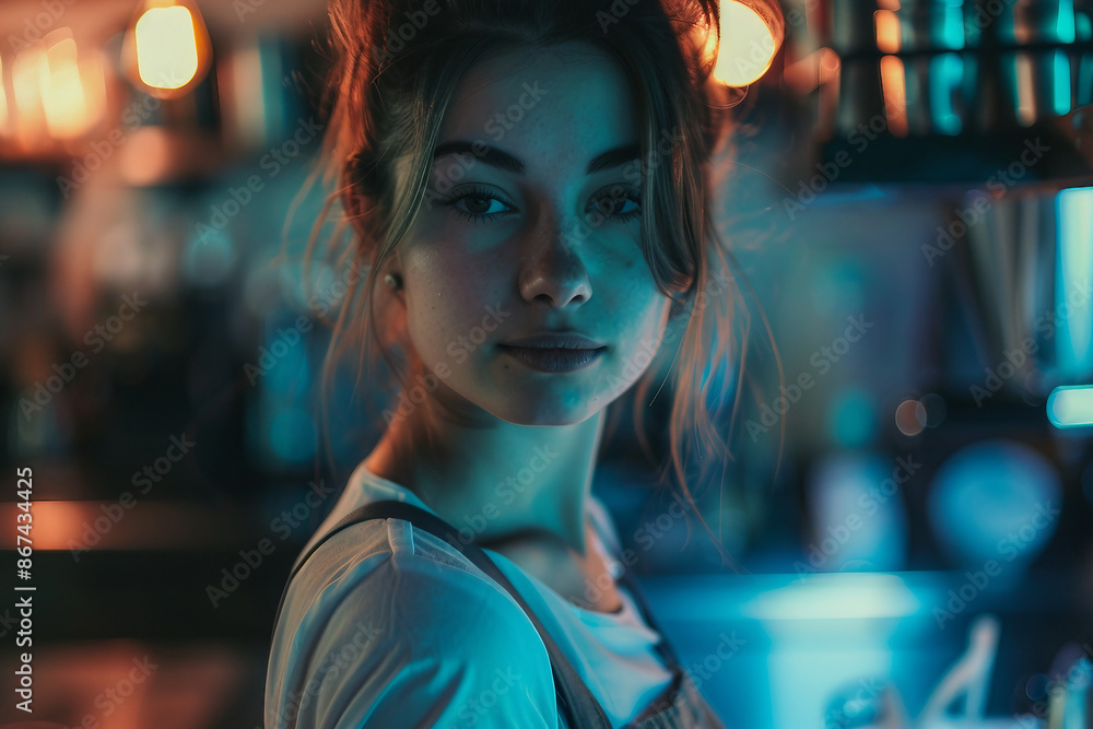 Fototapeta premium Modern classic interior coffee shop with friendly barista tasty takeout drink, Generative AI
