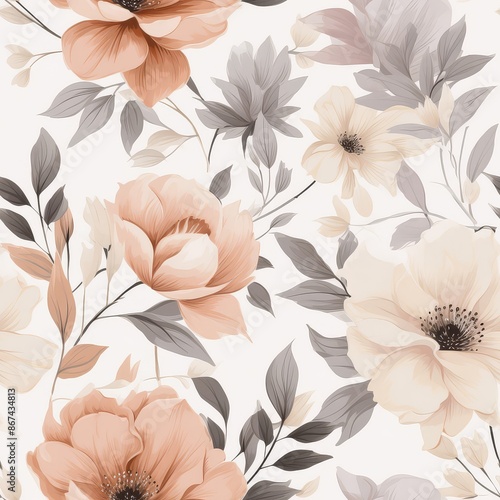 Wallpaper Mural Radiant Blooms in Shades of Pink, Orange, White, and Grey Against Neutral Background Torontodigital.ca