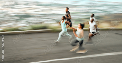Fotografía Friends, workout and motion of running, outdoor and speed of group, fitness and fast in routine in morning