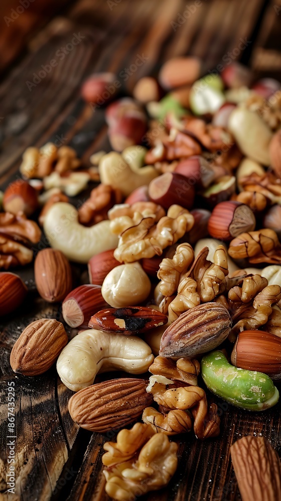 Close-up of mixed nuts on a rustic wooden background, showcasing a variety of healthy nuts Close-up of mixed nuts on a rustic wooden background, showcasing a variety of healthy nuts