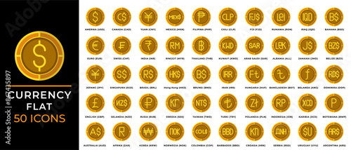 Currency coin flat icon set. Symbol coins world money collection with golden color. Vector Illustration.