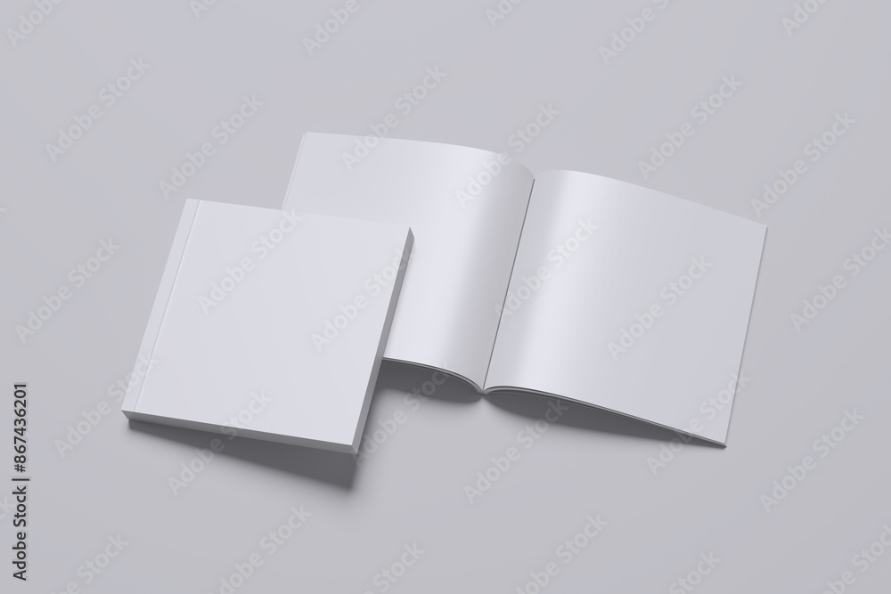 Blank Cover And Open Square Magazine On Light Grey Background.
Blank Cover And Open Square Magazine On Light Grey Background.