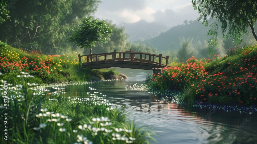 A peaceful river winding through a lush landscape, with a small wooden bridge and wildflowers along the banks. A peaceful river winding through a lush landscape, with a small wooden bridge and wildflowers along the banks.