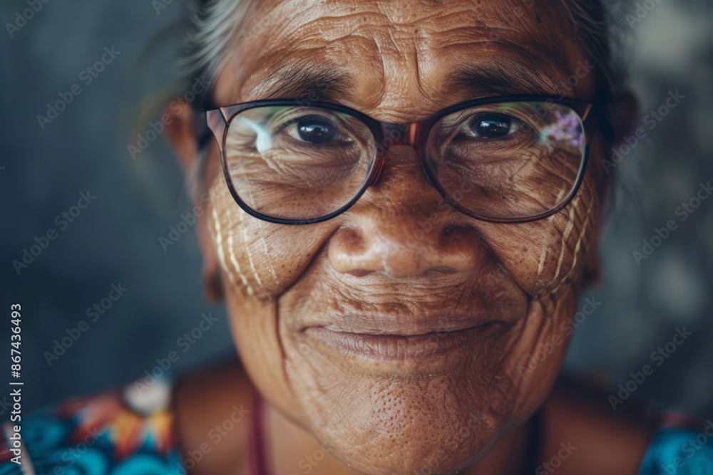 Close-up portrait of a senior woman of Pacific Islander descent, studio photo, against a sleek gray studio backdrop Close-up portrait of a senior woman of Pacific Islander descent, studio photo, against a sleek gray studio backdrop