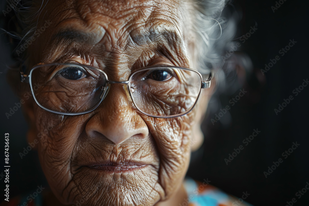 Close-up portrait of a senior woman of Pacific Islander descent, studio photo, against a sleek gray studio backdrop Close-up portrait of a senior woman of Pacific Islander descent, studio photo, against a sleek gray studio backdrop