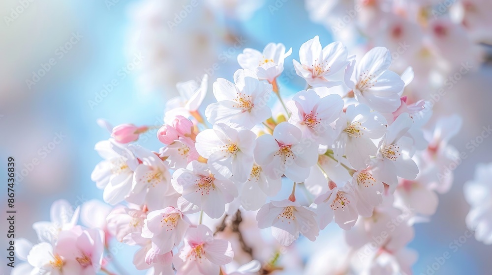 Cherry blossoms on sakura tree blooming in spring against blue sky close up shot Cherry blossoms on sakura tree blooming in spring against blue sky close up shot