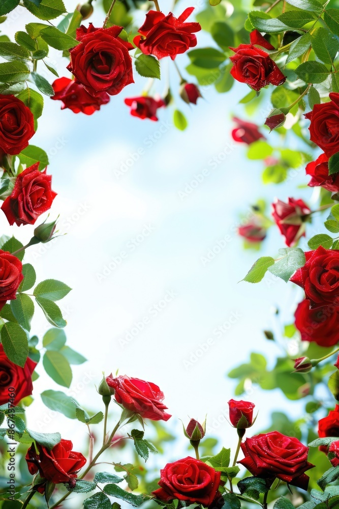 A bouquet of red roses surrounded by green leaves in a circular shape A bouquet of red roses surrounded by green leaves in a circular shape