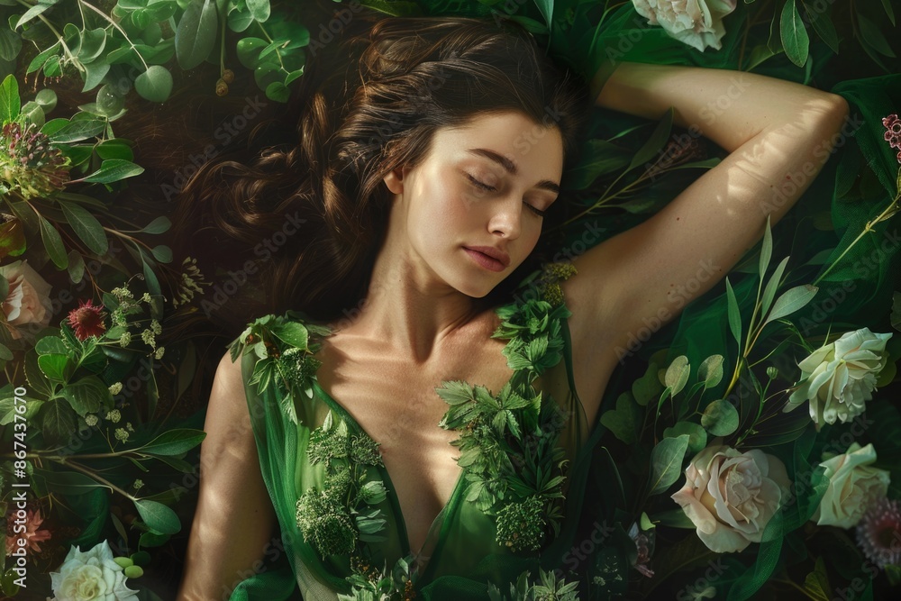 A woman lying on a bed of flowers wearing a green dress, ideal for garden-themed or spring-inspired designs