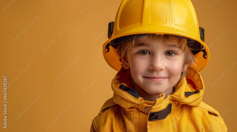 Minimalist design, confident boy in firefighter costume attire on the right, open background, space for text, banner concept Minimalist design, confident boy in firefighter costume attire on the right, open background, space for text, banner concept