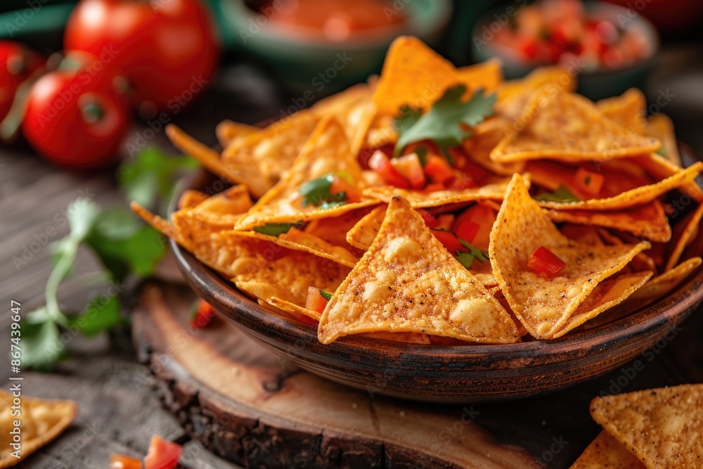 Fresh tortilla chips and juicy tomatoes in a bowl Fresh tortilla chips and juicy tomatoes in a bowl