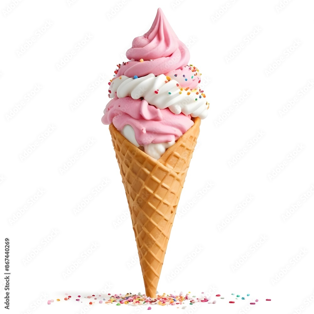 A strawberry and vanilla soft serve ice cream in a waffle cone , with sprinkles on the background A strawberry and vanilla soft serve ice cream in a waffle cone , with sprinkles on the background