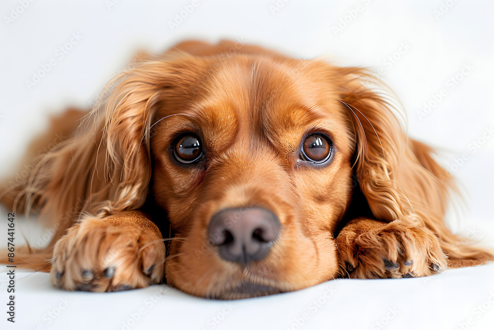 Lonely sad puppy lying down on white background, expressing sorrow and solitude. Lonely sad puppy lying down on white background, expressing sorrow and solitude.