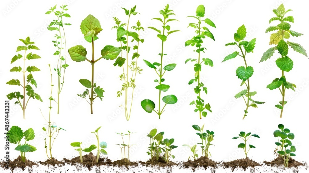 Group of plants growing from the ground, greenery and foliage Group of plants growing from the ground, greenery and foliage
