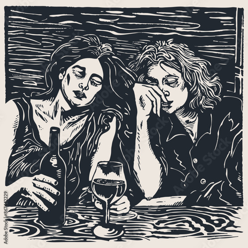Two drunk women and wine, vector illustration