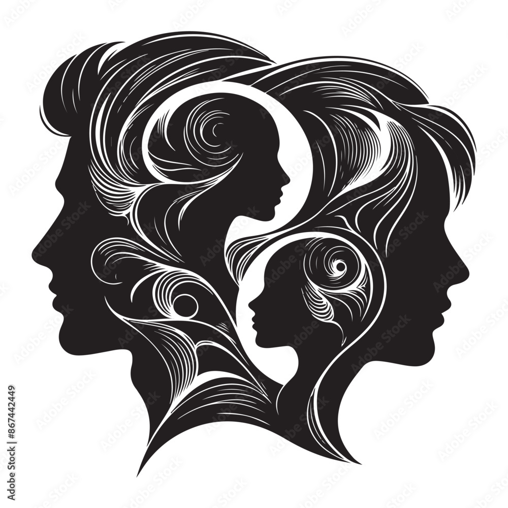 Black silhouettes of male and female heads on a white background Black silhouettes of male and female heads on a white background