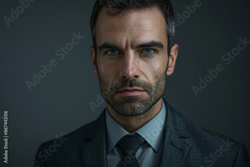 A stern-looking man in a dark suit, with a serious expression on his face, captured in a dimly lit setting with a muted gray background, reflecting intensity. © qorqudlu