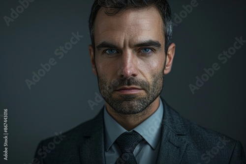 A stern-looking man in a dark suit, with a serious expression on his face, captured in a dimly lit setting with a muted gray background, reflecting intensity.