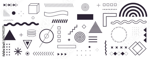 Geometric shapes and memphis design, retro elements, vintage, advertisement, commercial banner, poster, billboard, sale, halftone geometric shapes flat vector illustration.	