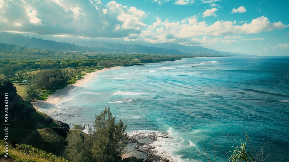 A scenic view of the beach from a cliffside lookout. A scenic view of the beach from a cliffside lookout.