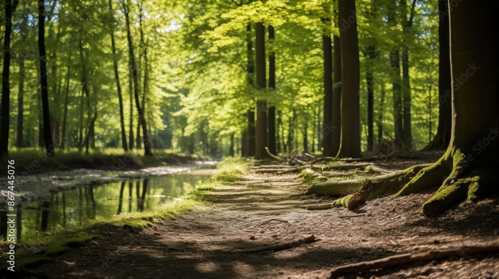 Obraz premium Serene Forest Paths with Sunlight.