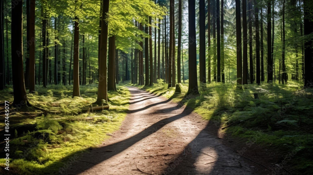 Obraz premium Serene Forest Paths with Sunlight.