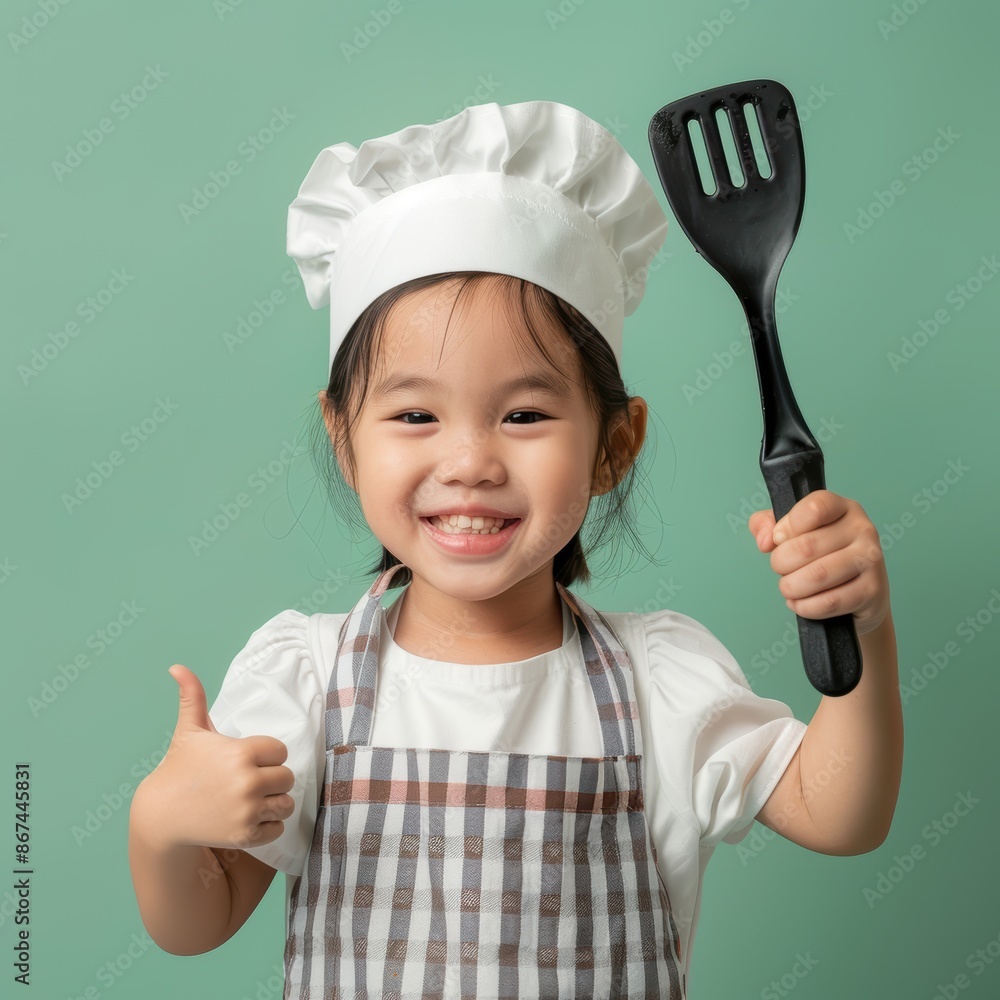 Fototapeta premium Portrait photography of a cute little professional, smiling cute little Cashier with a bill, showing thumb-up, on yellow pastel color background, editorial style