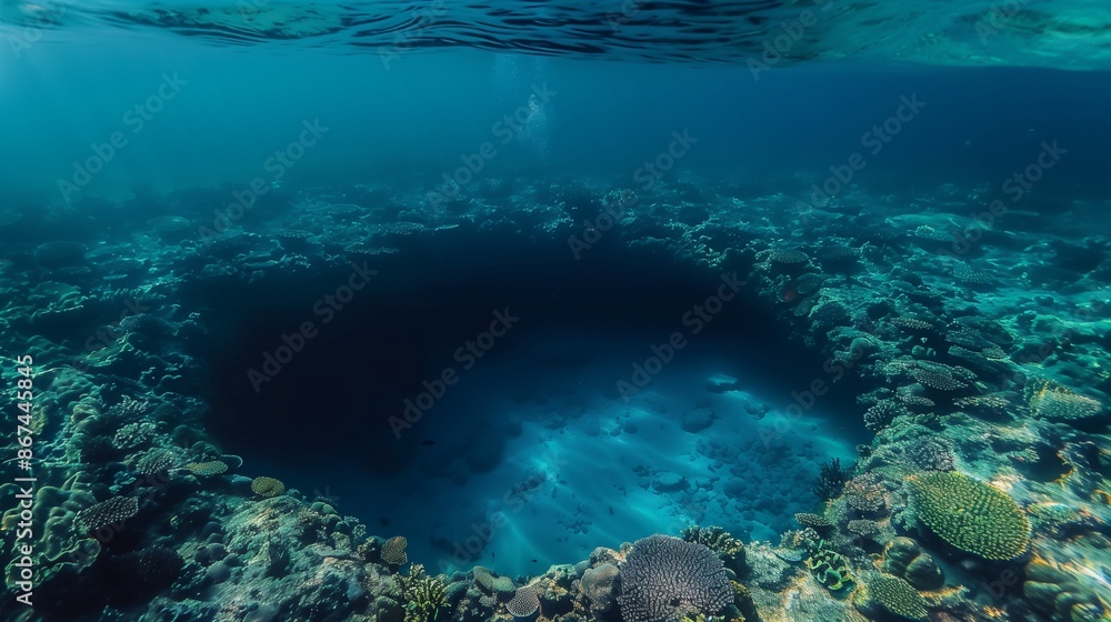 A snorkeler's view of a serene blue hole, its deep, sapphire waters surrounded by vibrant coral reefs teeming with marine life. A snorkeler's view of a serene blue hole, its deep, sapphire waters surrounded by vibrant coral reefs teeming with marine life.