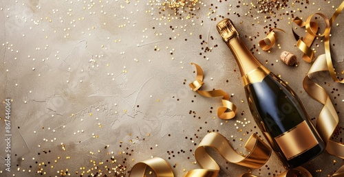 Champagne Bottle With Gold Confetti and Ribbon on Beige Surface