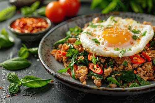 Mouthwatering spicy basil stir-fry with minced pork served on a plate, crowned with a golden crispy fried egg, fresh herbs and spices adding a burst of flavor