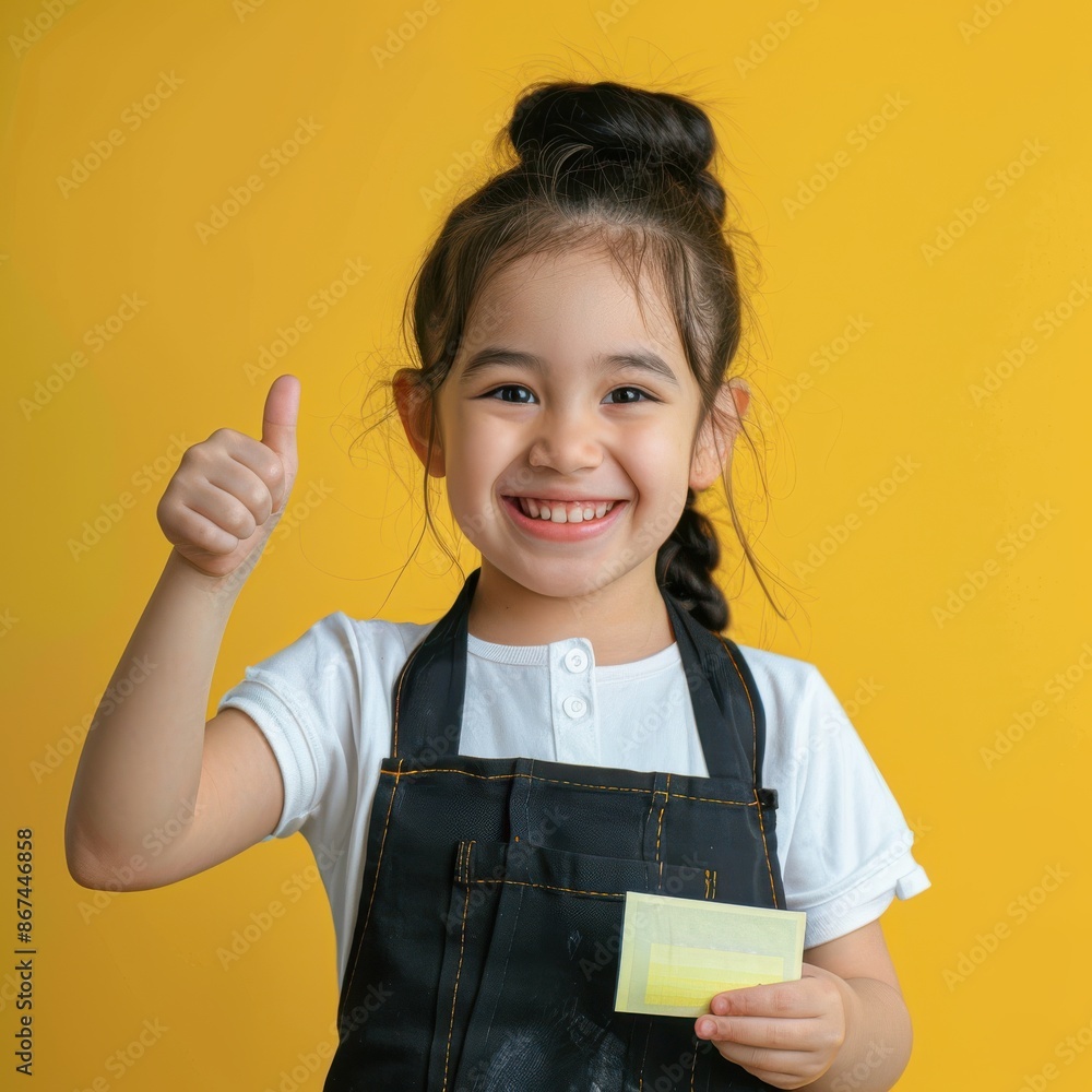Portrait photography of a cute little professional, smiling cute little Cashier with a bill, showing thumb-up, on yellow pastel color background, editorial style Portrait photography of a cute little professional, smiling cute little Cashier with a bill, showing thumb-up, on yellow pastel color background, editorial style