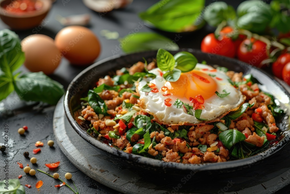 Mouthwatering spicy basil stir-fry with minced pork served on a plate, crowned with a golden crispy fried egg, fresh herbs and spices adding a burst of flavor Mouthwatering spicy basil stir-fry with minced pork served on a plate, crowned with a golden crispy fried egg, fresh herbs and spices adding a burst of flavor