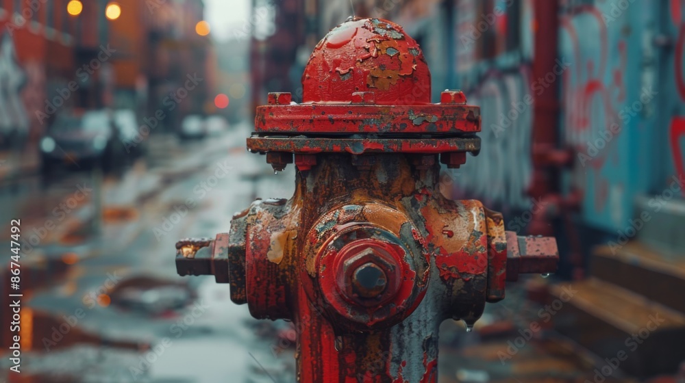 Fototapeta premium Fire hydrant covered in red rust in the city street