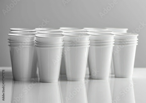  Styrofoam Cups in Line, Clear Background