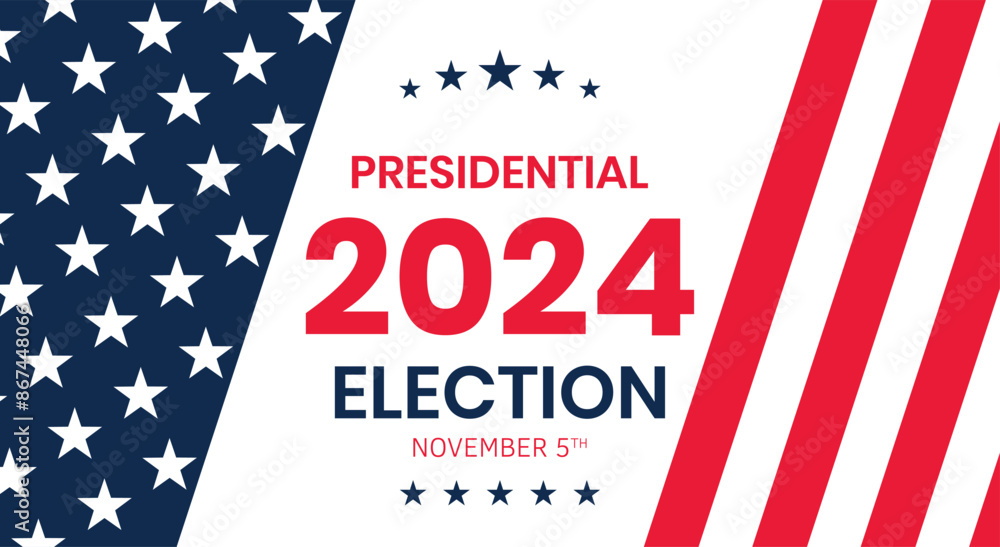 Obraz premium USA 2024 Presidential Election background with American flag colors design. Election event banner, card, poster, template, voting communication, background. Vote day, November 5. Vector illustration.