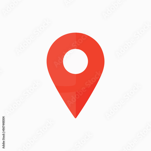 A red location pin icon. The pin is designed with a rounded top, resembling a location marker, and a pointed bottom, indicating direction. It is set against a white background