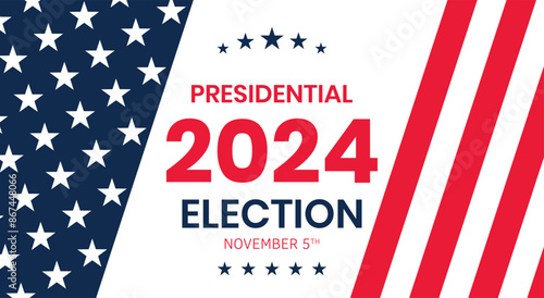 USA 2024 Presidential Election background with American flag colors design. Election event banner, card, poster, template, voting communication, background. Vote day, November 5. Vector illustration.